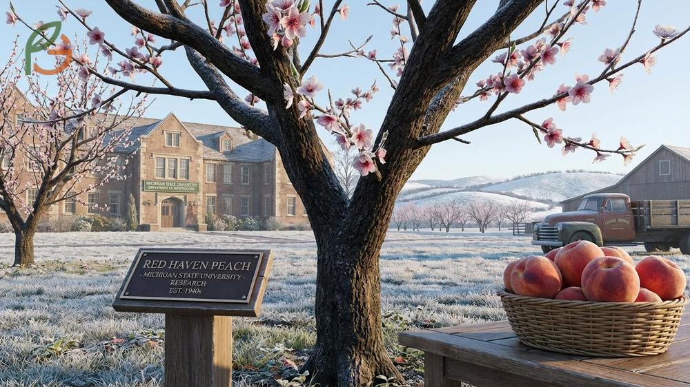 Red haven peach tree characteristics showing a spreading crown and medium yellow fruit with a vibrant red blush.