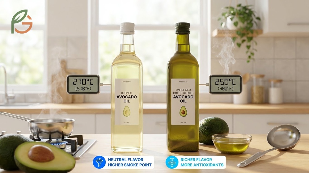 Refined vs unrefined avocado oil differences in color and smoke point for various cooking methods.