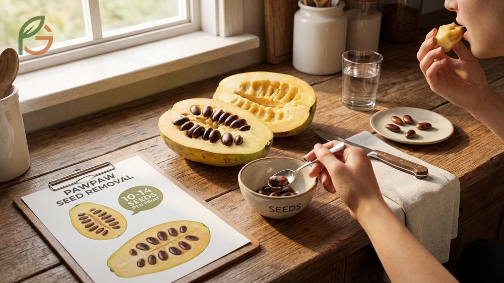 Remove pawpaw seeds safely by separating the 10 to 14 large seeds from the pulp using a spoon or strainer.