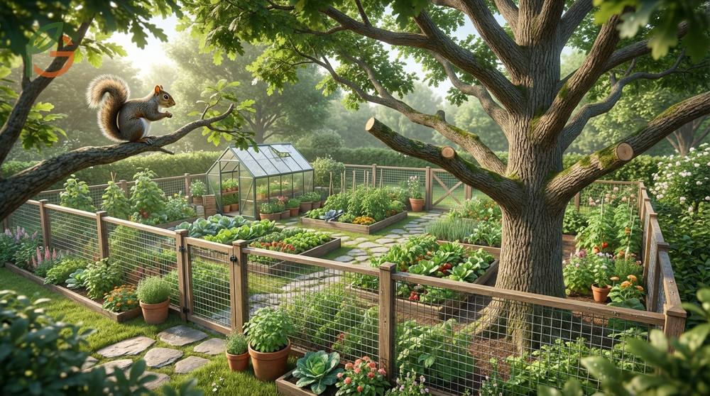 Squirrel proof garden strategies including trimming tree branches and installing hardware cloth fencing.