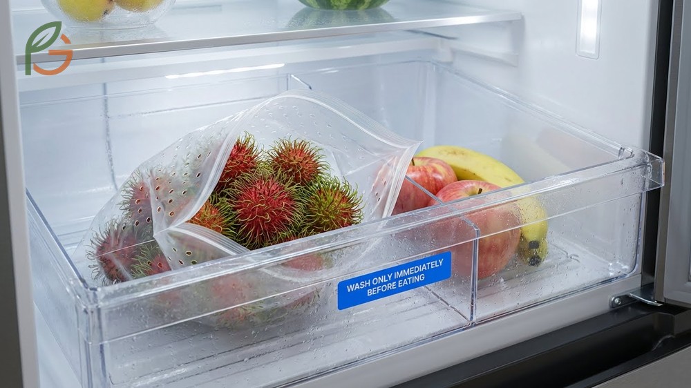 Storing fresh rambutan in perforated plastic bags at 50-54 degrees Fahrenheit extends shelf life to 14 days.