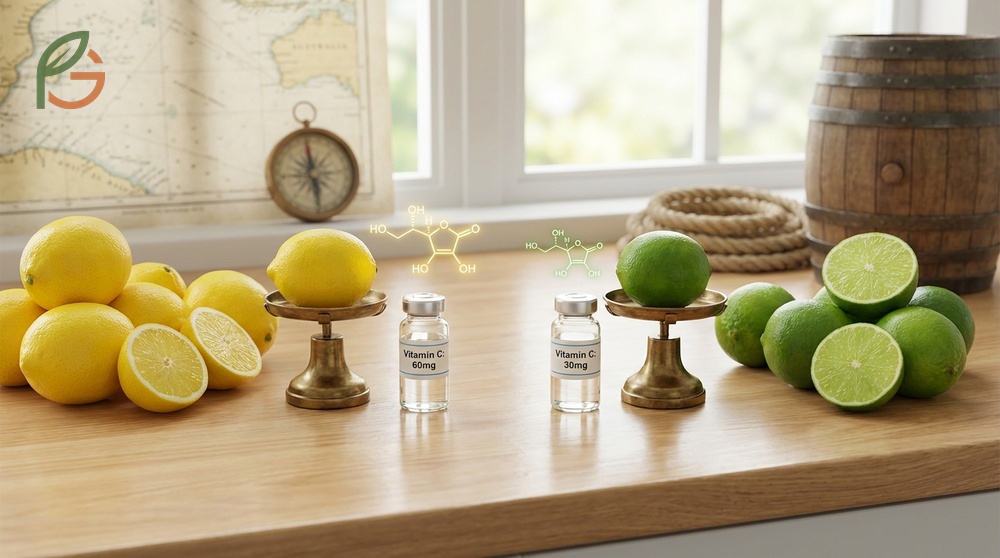 Vitamin c in lime vs lemon comparison showing lemons contain 50mg while limes offer 30mg per fruit.