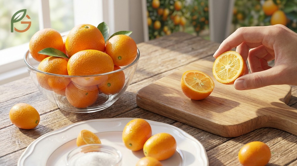 What does kumquat taste like description highlighting the inverted flavor pattern of sweet skin and sour flesh.