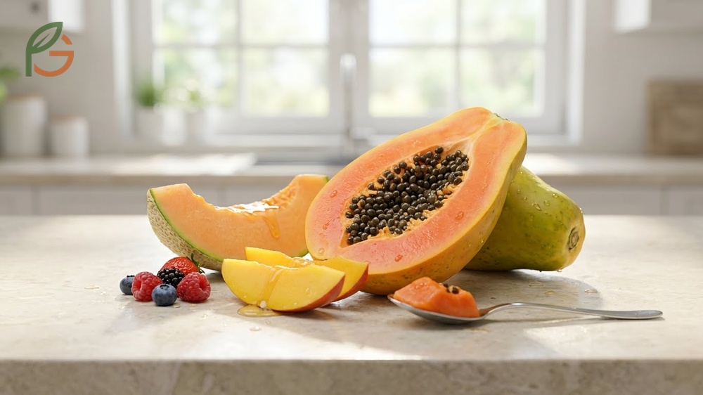 What does papaya taste like described as a mix of cantaloupe and mango with over 30 volatile compounds.