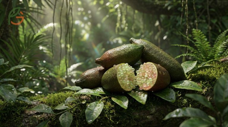 What is a finger lime displayed with its unique caviar-like juice pearls for exotic fruit identification.