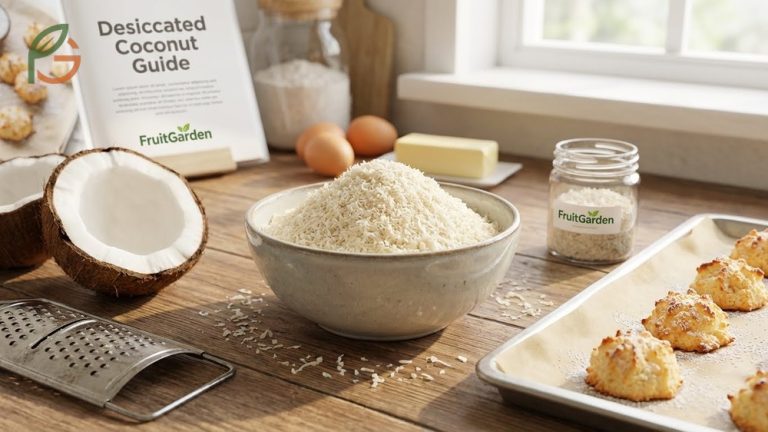 What is desiccated coconut described as dried coconut meat with 667 calories per 100g and 80% fat content.