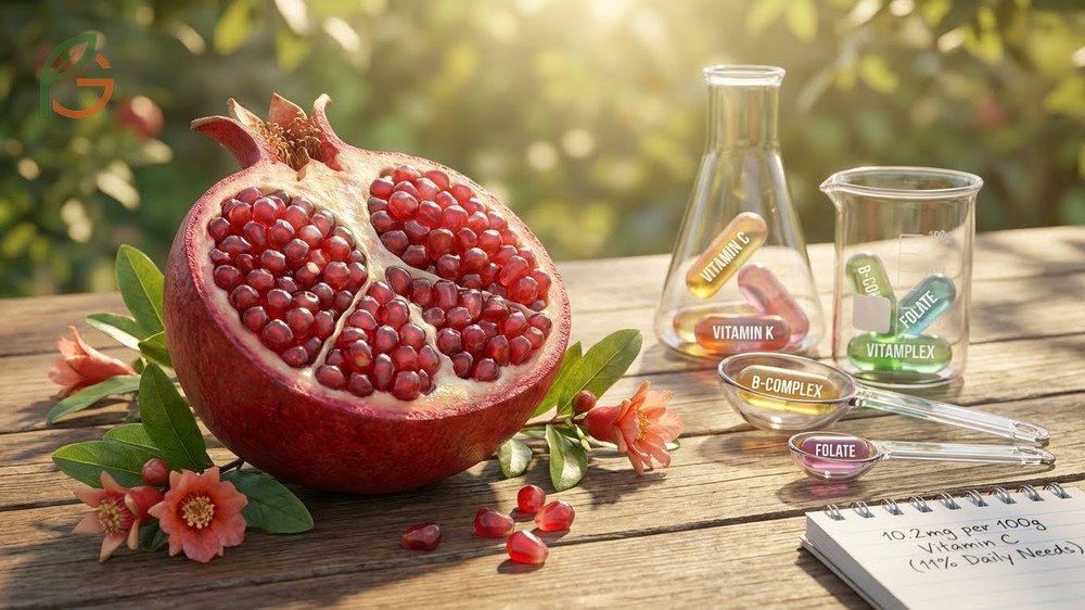What vitamins are in pomegranate seeds chart displaying high levels of Vitamin C, Vitamin K, and essential folate.
