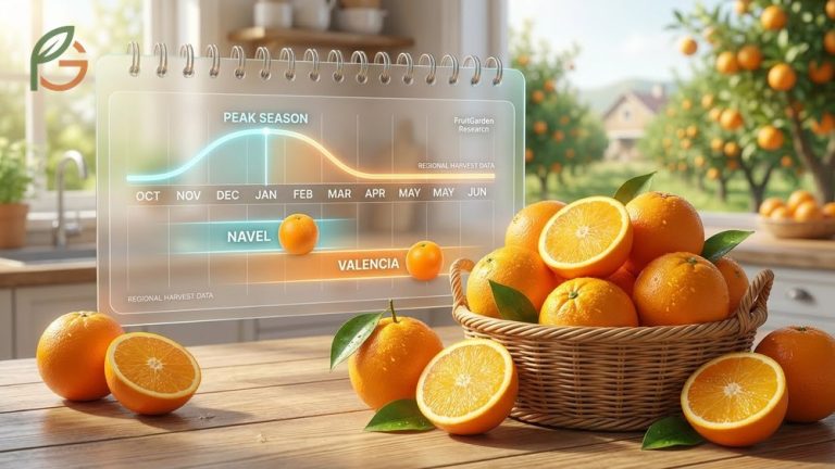 When are oranges in season guide showing availability from October through June for fresh citrus selection.
