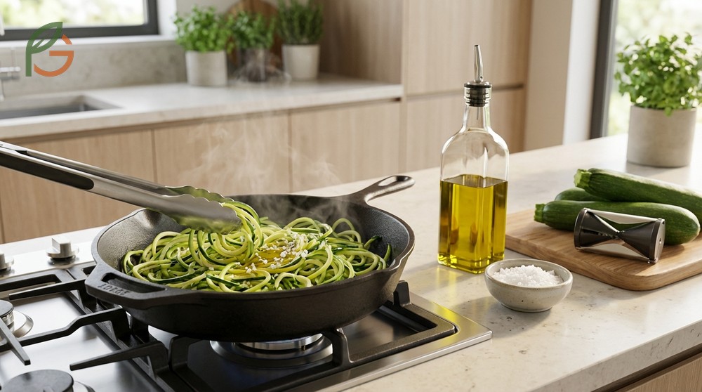 Zucchini noodle recipe cooking zoodles for 2 to 3 minutes in a hot skillet with olive oil to keep them crisp and tender.