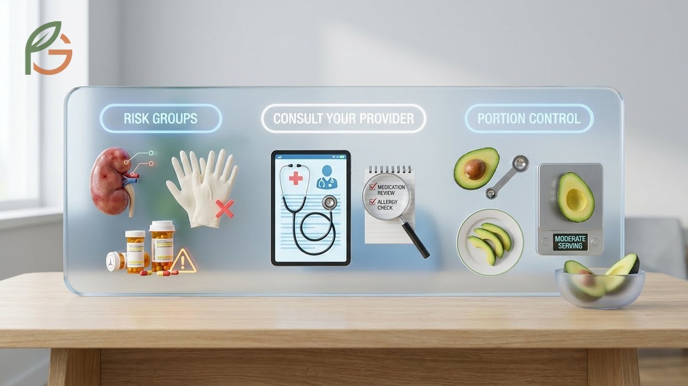 Safety and precautions for avocado consumption regarding kidney disease and latex allergy cross-reactivity.