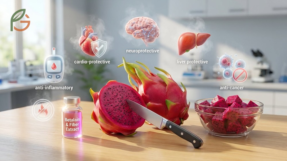 Benefits of dragon fruit showing red varieties with betalain concentrations reaching 30.87 mg per 100g.