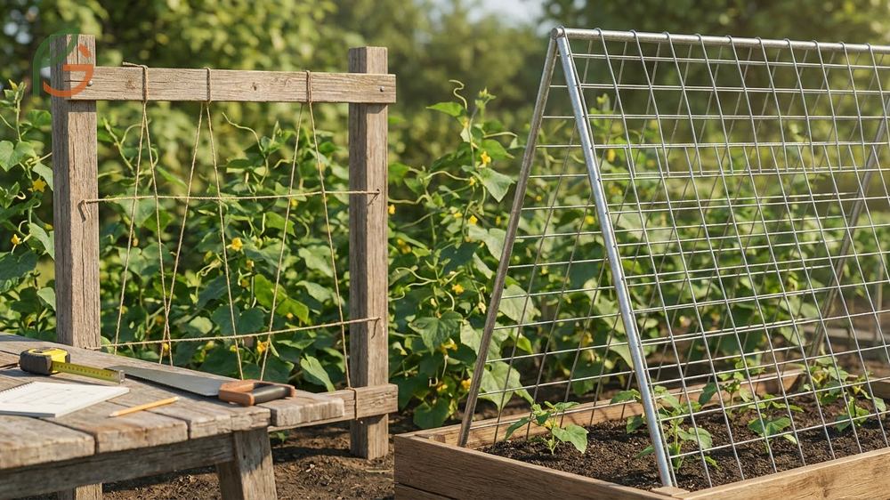 Constructing a simple wood and string trellis for cucumbers using basic tools and materials.