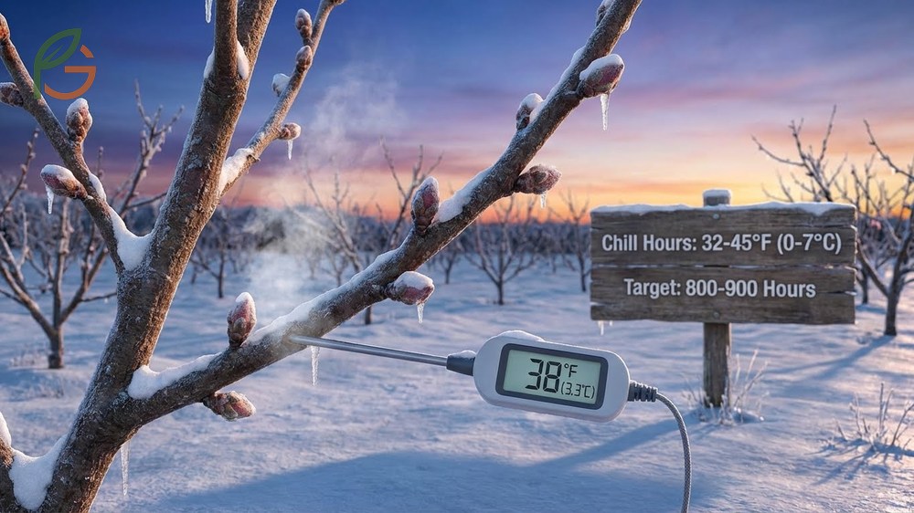 Chill hours for peaches explaining the 800 to 900 hour requirement for Red Haven trees to break dormancy.