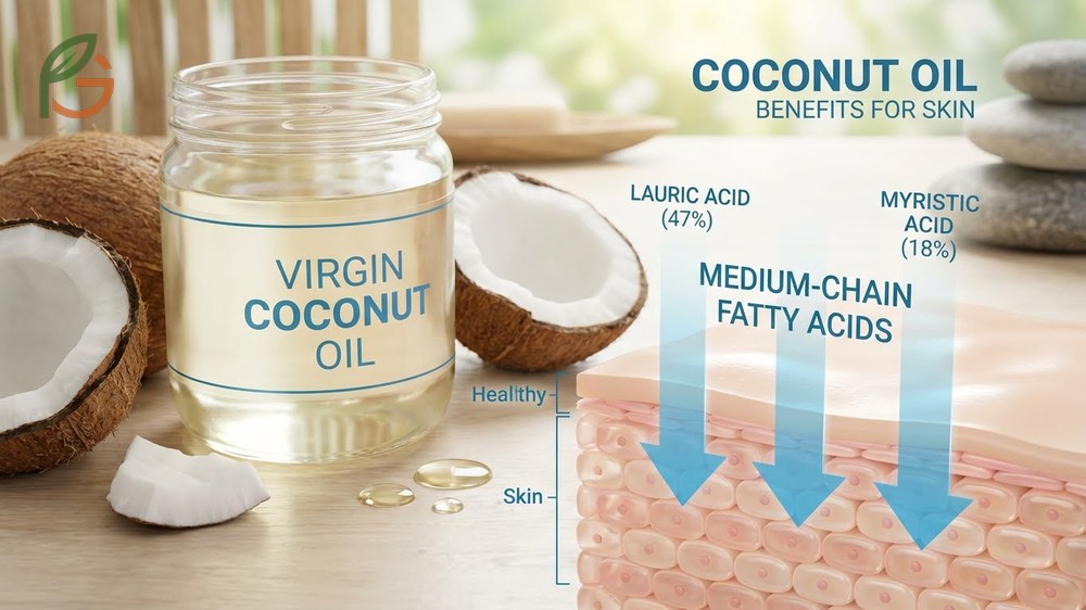 Coconut oil benefits for skin explained through lauric acid content that penetrates deep layers to fight bacteria and retain moisture.
