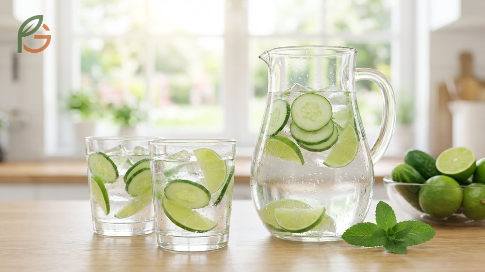 Cucumber and lime water nutritional profile features 50mg potassium and zero added sugars for a healthy drink.