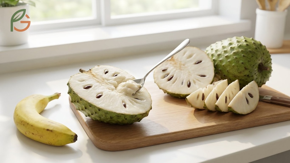 Cutting soursop fruit techniques using a spoon to scoop creamy white flesh away from the skin.