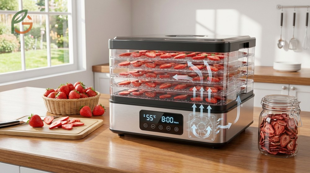 Dehydrating fresh strawberries in a food dehydrator with rotating trays for even moisture removal.