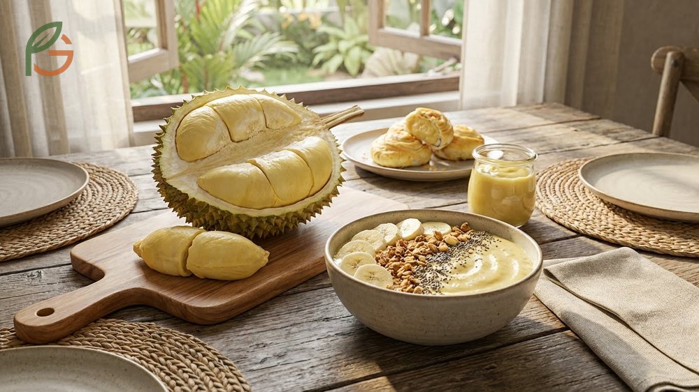 Durian recipes and uses showcasing the creamy fruit blended into smoothies or served with sticky rice and coconut milk.