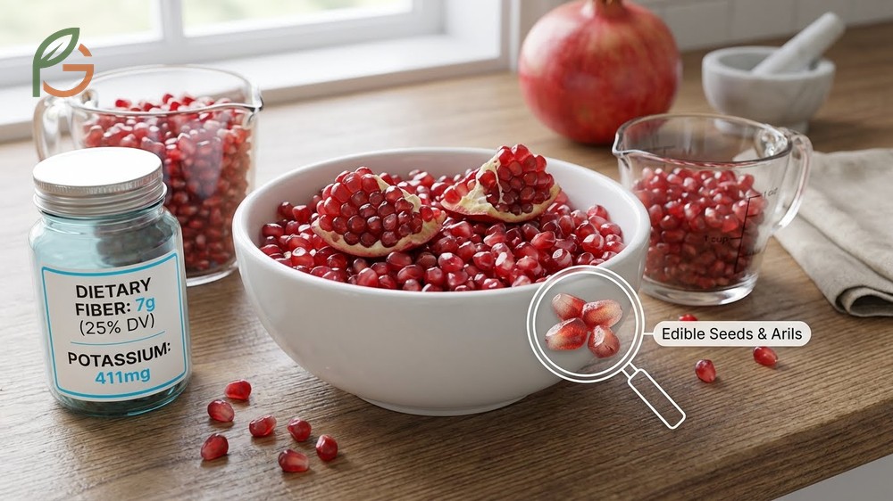 Fiber and minerals in pomegranate seeds including 411mg of potassium and significant copper for daily health.