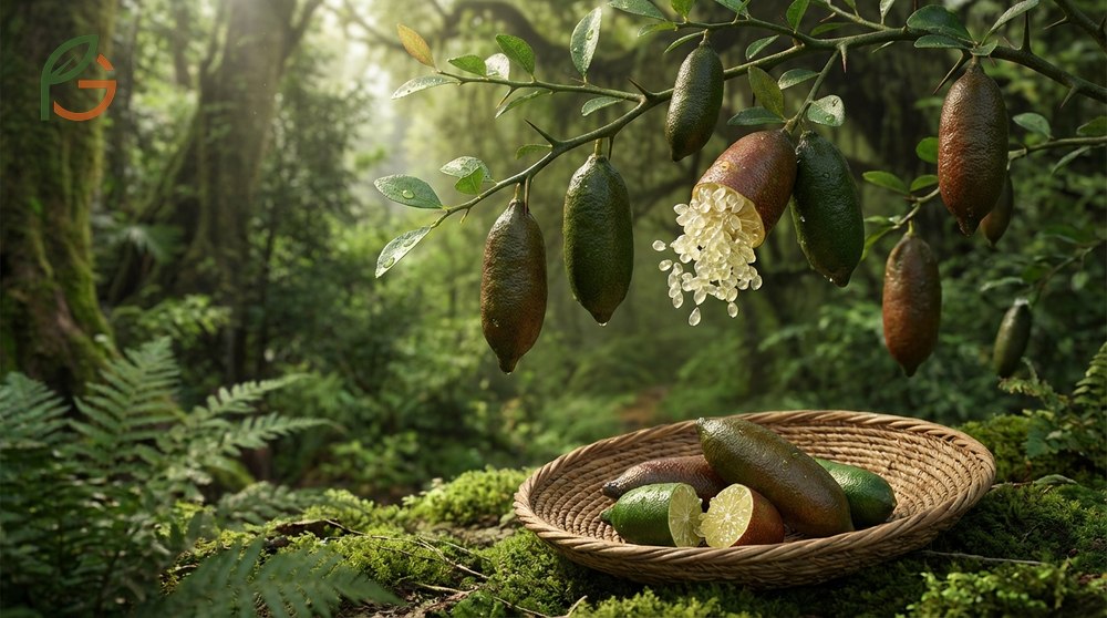 A thorny finger lime shrub growing wild in the subtropical rainforests of Australia.
