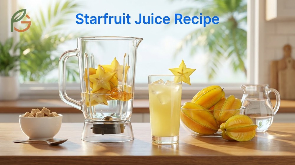 Starfruit juice recipe blending 3 medium fruits with water and honey for a refreshing tropical drink.