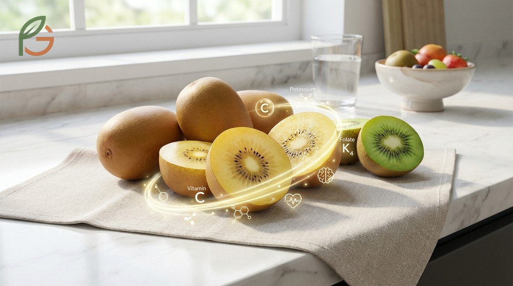 Nutritional value of golden kiwi highlighting 66 calories per 100g and exceptional vitamin C content.