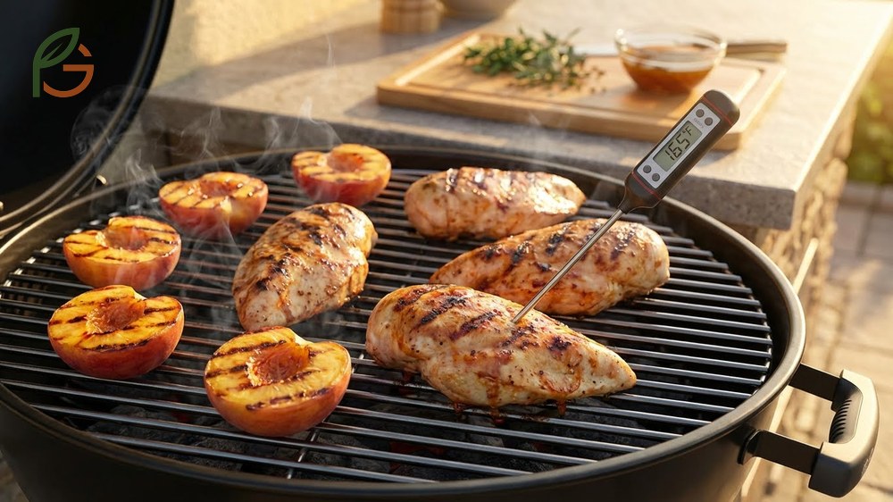 Grilled chicken with grilled peaches cooking on grates to achieve perfect char marks and safe temperature.