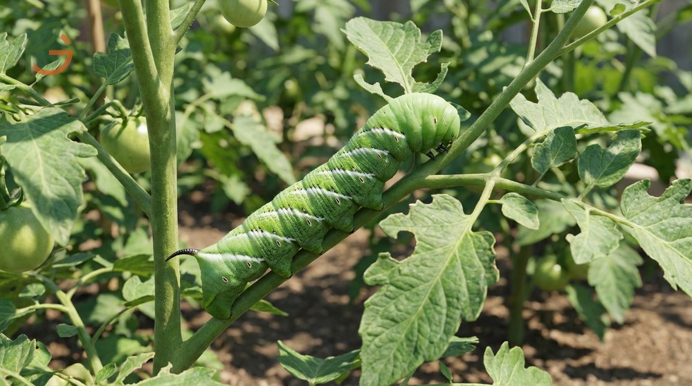 Hornworms on tomato plants are large green caterpillars with white markings that strip foliage and damage green fruit.
