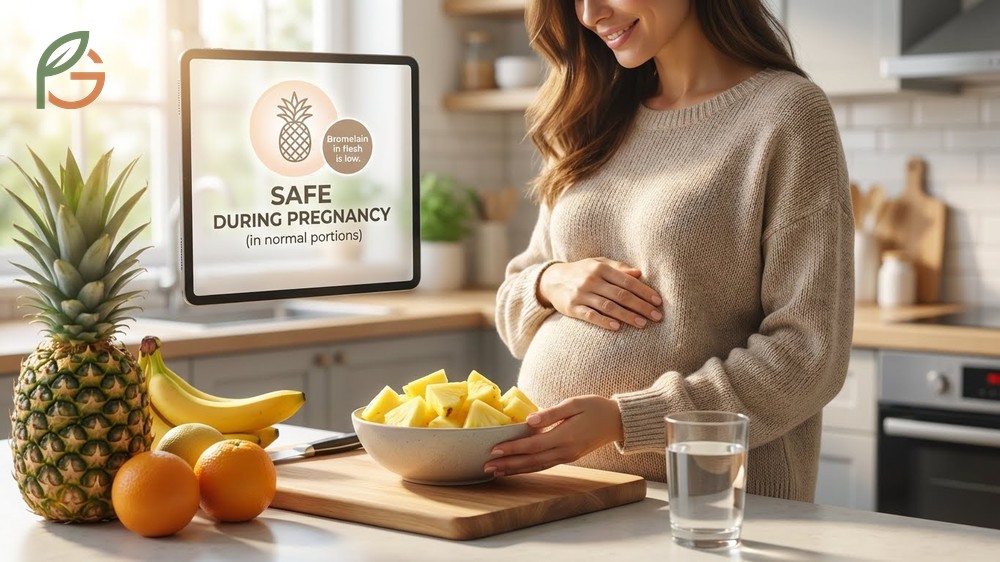 Is pineapple safe during pregnancy given that the edible flesh contains minimal bromelain enzymes compared to the core.