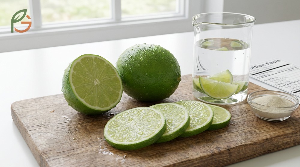 Lime nutrition facts chart displaying 20 calories and 7g carbohydrates per medium fruit with fiber.
