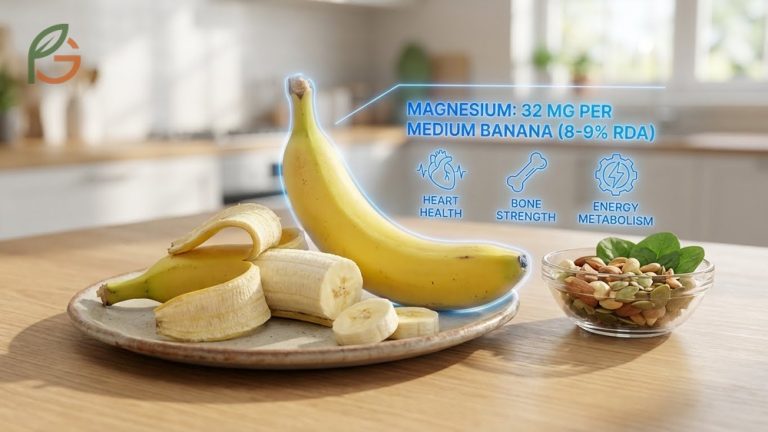 Magnesium in bananas provides a modest contribution of 32 mg per fruit to support heart health and energy metabolism.