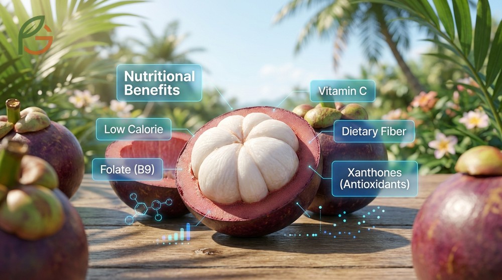 Nutritional benefits of mangosteen include 1.8g of dietary fiber and powerful antioxidant xanthones.
