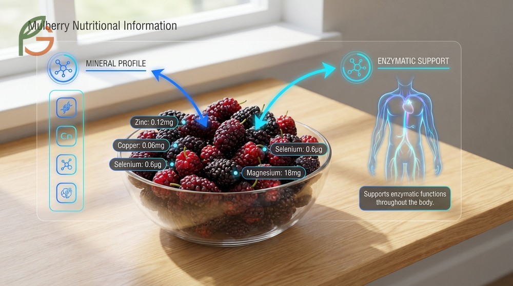 Mulberry nutritional information reveals a rich mineral profile containing zinc, copper, and magnesium for enzymatic support.