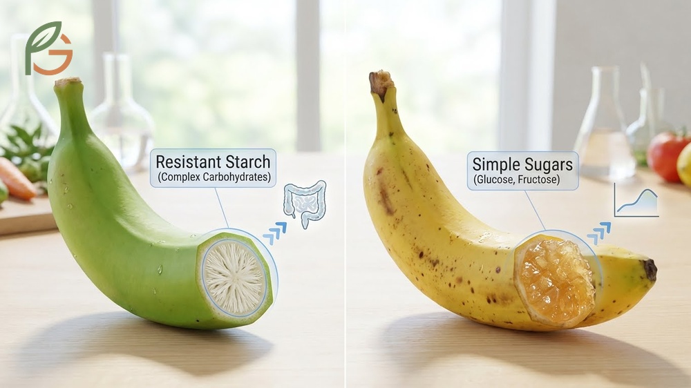 Nutrients in ripe vs unripe banana comparison highlighting resistant starch conversion to simple sugars.