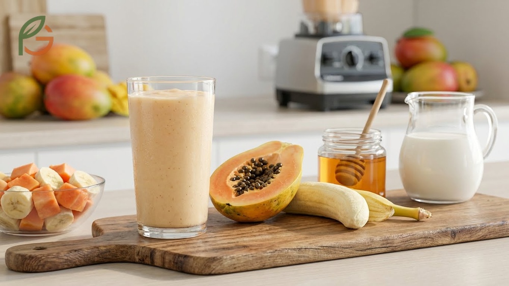 Pawpaw serving ideas featuring a tropical smoothie recipe blending half a cup of pulp with banana and milk.