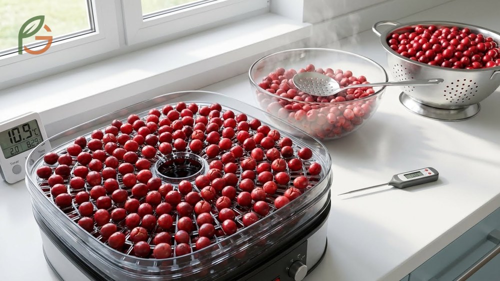 Preparing fresh cranberries for dehydration by blanching to crack skins and selecting firm berries for best results.