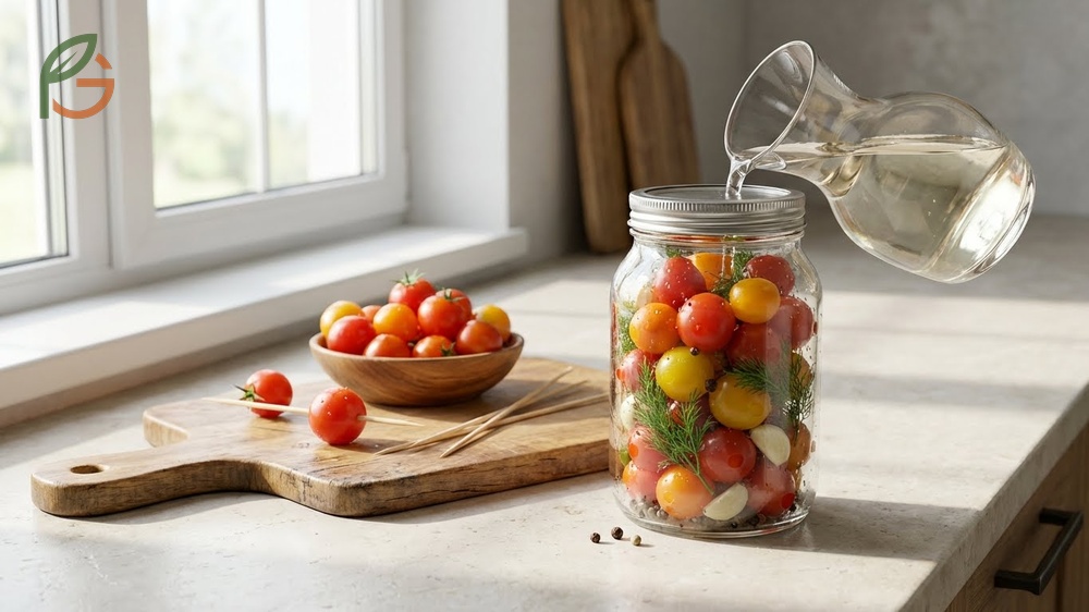 Pickled cherry tomatoes using the refrigerator method to retain superior texture and crispness compared to canning.