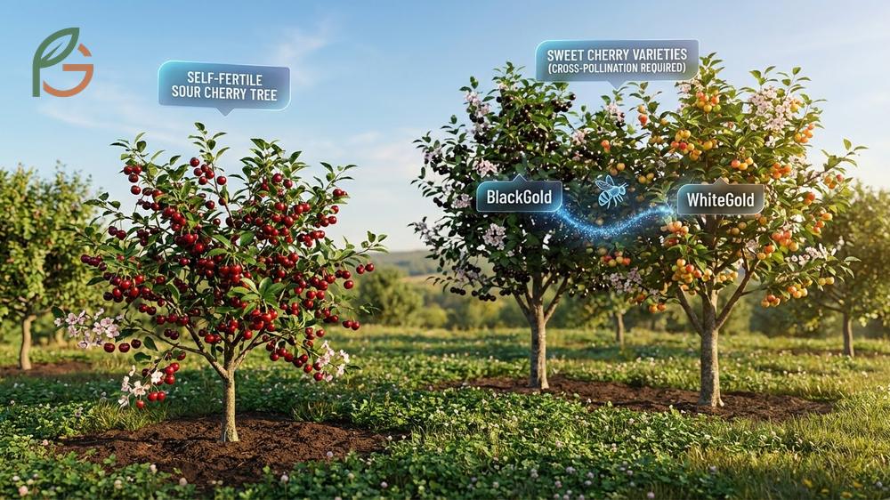 Self pollinating cherry trees like BlackGold and WhiteGold produce fruit without requiring a second tree for cross-pollination.