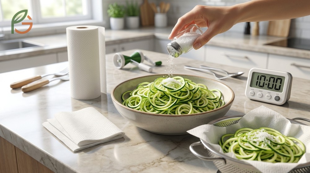 Spiralized zucchini noodles tips including salting for 10 minutes to remove 30 percent of excess water for better texture.