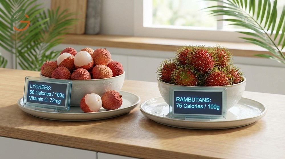 Lychee vs rambutan nutritional comparison highlighting the higher vitamin C content in lychees versus rambutans.
