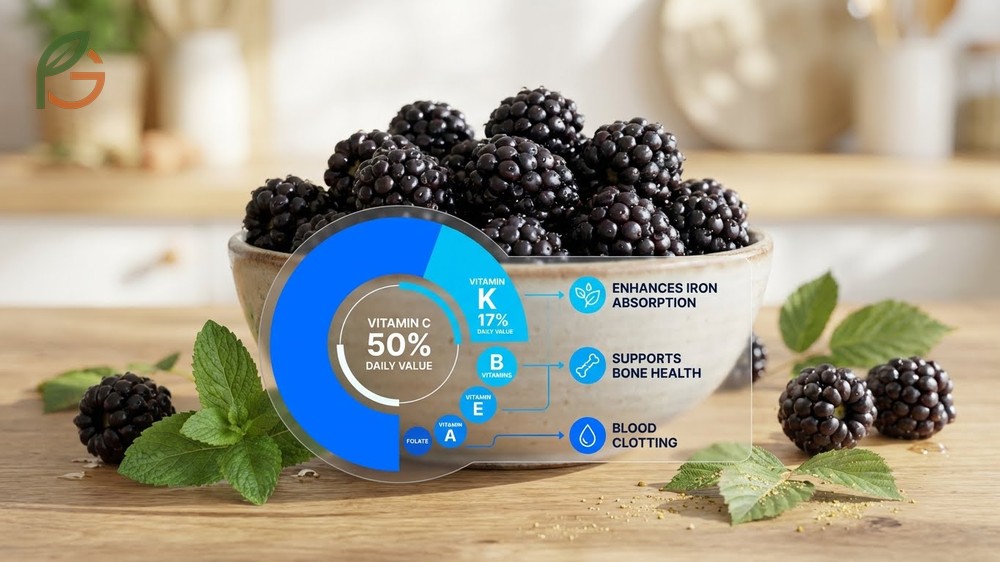 Vitamins in blackberries provide 50 percent of daily vitamin C and significant amounts of vitamin K for bone health.