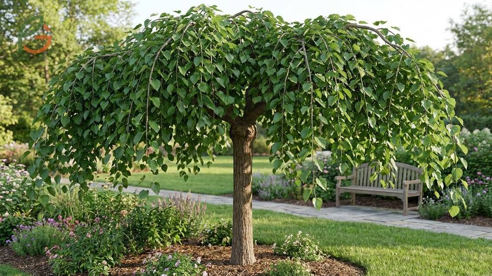 Weeping mulberry tree displaying its signature umbrella silhouette with grafted branches reaching 6 to 8 feet tall and spreading up to 15 feet wide.