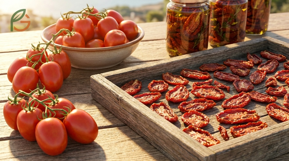 What are sun dried tomatoes describes ripe fruits dehydrated to 15% water content to concentrate flavor.