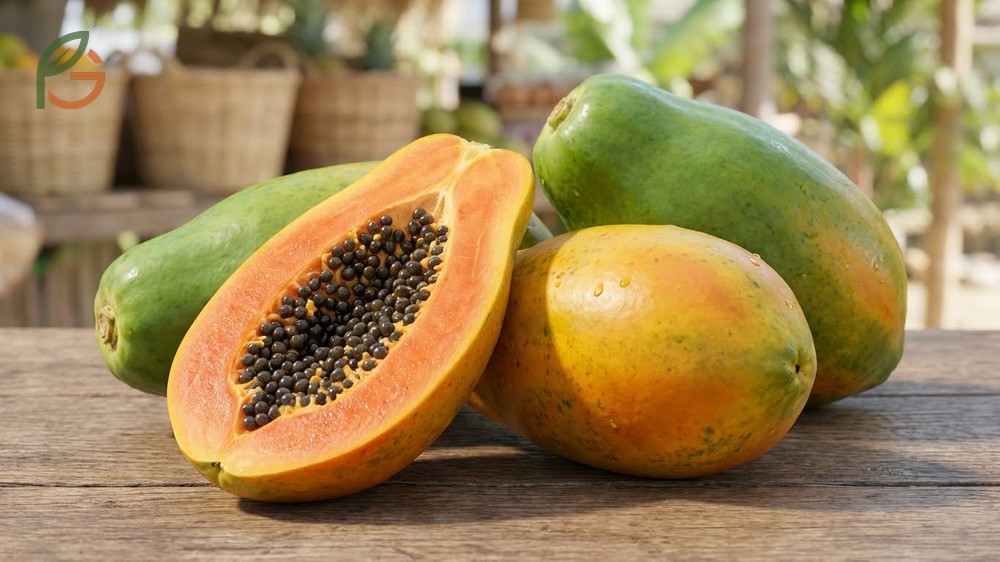 What does a papaya look like showing oblong fruits turning from green to yellow-orange with black seeds inside.