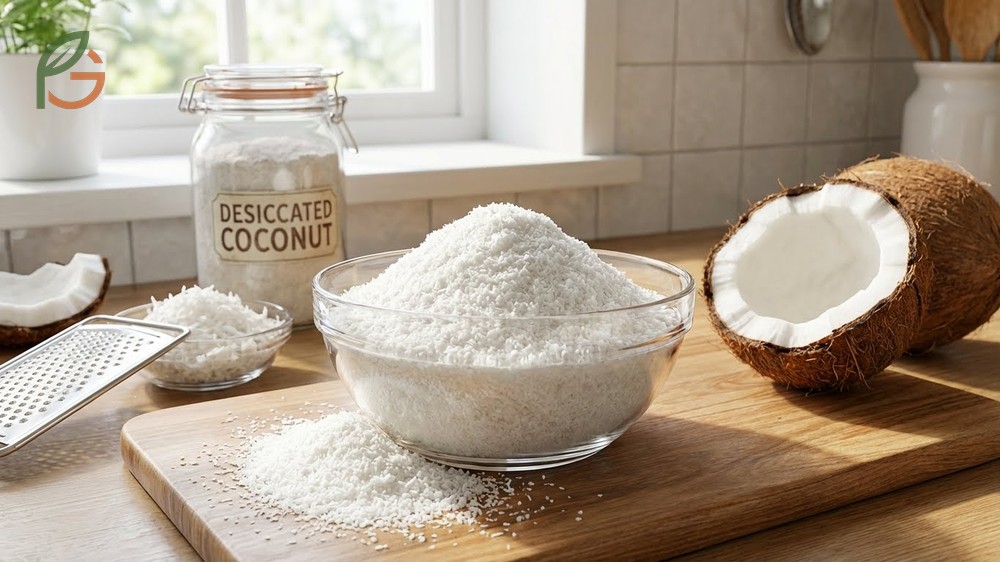 What is desiccated coconut nutrition containing 65g fat and 16g fiber per 100g serving for digestive health.