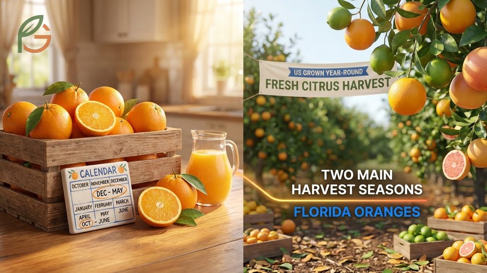 When are oranges in season in Florida and California providing fresh fruit nearly year round through diverse climates.
