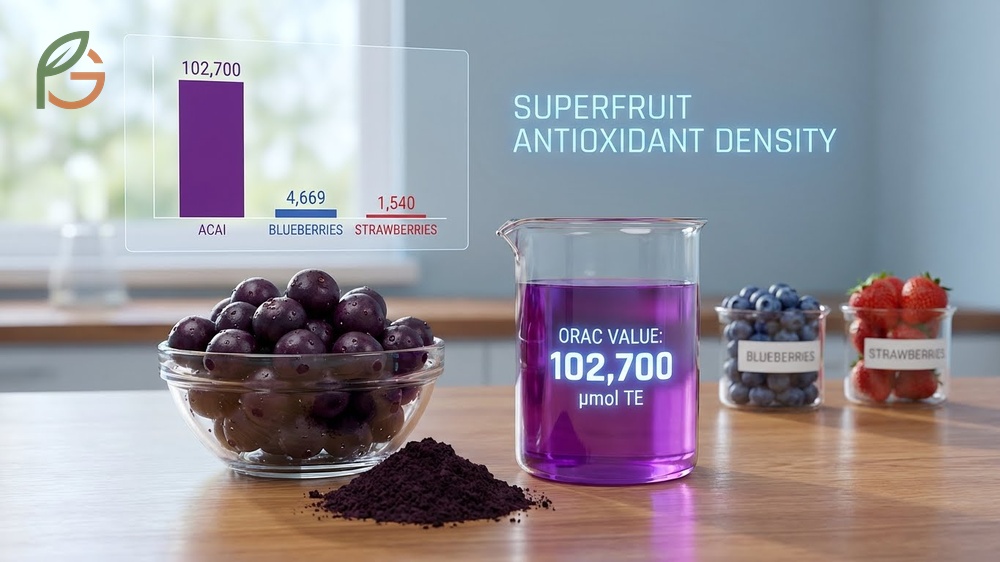 Acai berry nutritional information showing freeze-dried powder achieves an ORAC value of 102700 units per 100 grams.