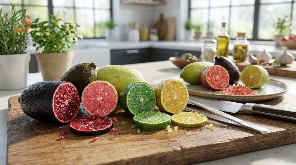 Various Australian finger lime varieties displayed together to show different skin colors like red and green.