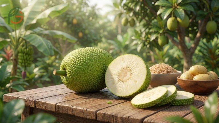 Breadfruit nutrition facts showing one hundred three calories per serving with essential vitamins and minerals.