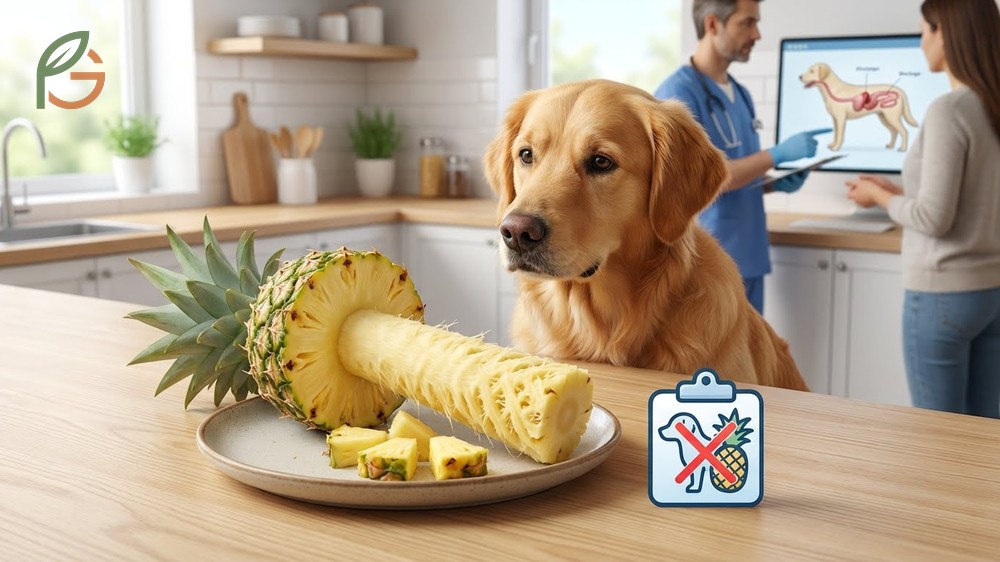 Can dogs eat pineapple core risks explaining choking hazards and intestinal obstruction dangers from fibrous texture.
